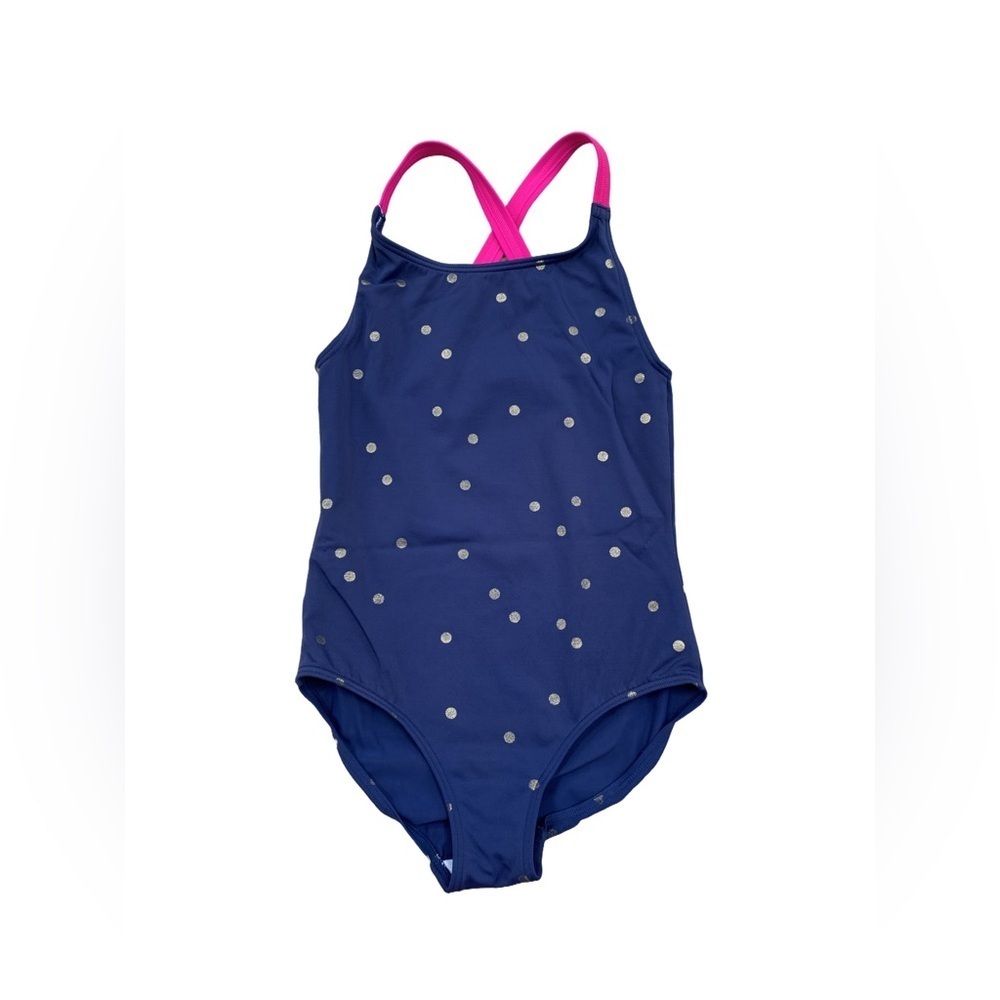 Mini Boden Size 7-8 Navy with Gold Foil Polka Dot Confetti Cross Back Swimsuit